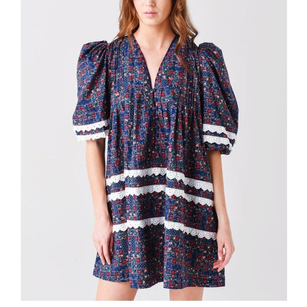 HUNTER BELL Tuckernuck Jenkins Vintage Patchwork Puff Sleeve Mini Dress S